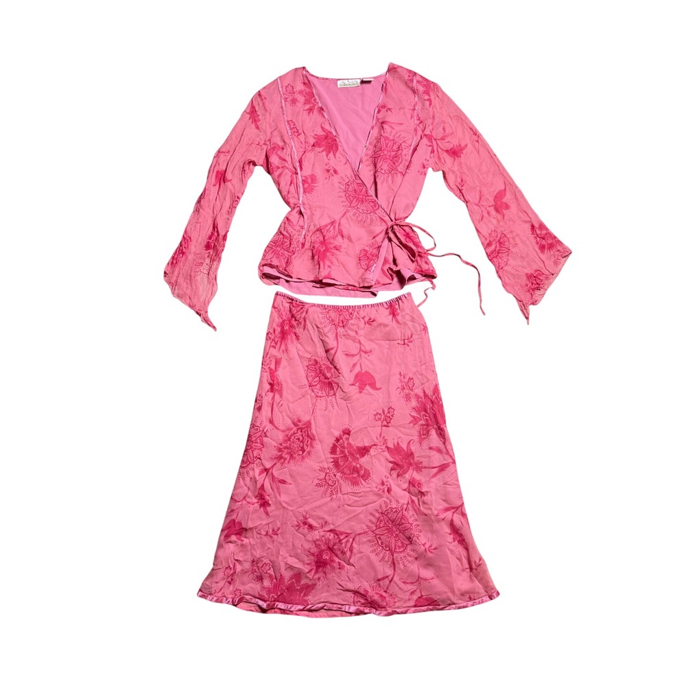 New York City Design Co 100% Silk 2 Piece Floral Wrap Top & Skirt Set